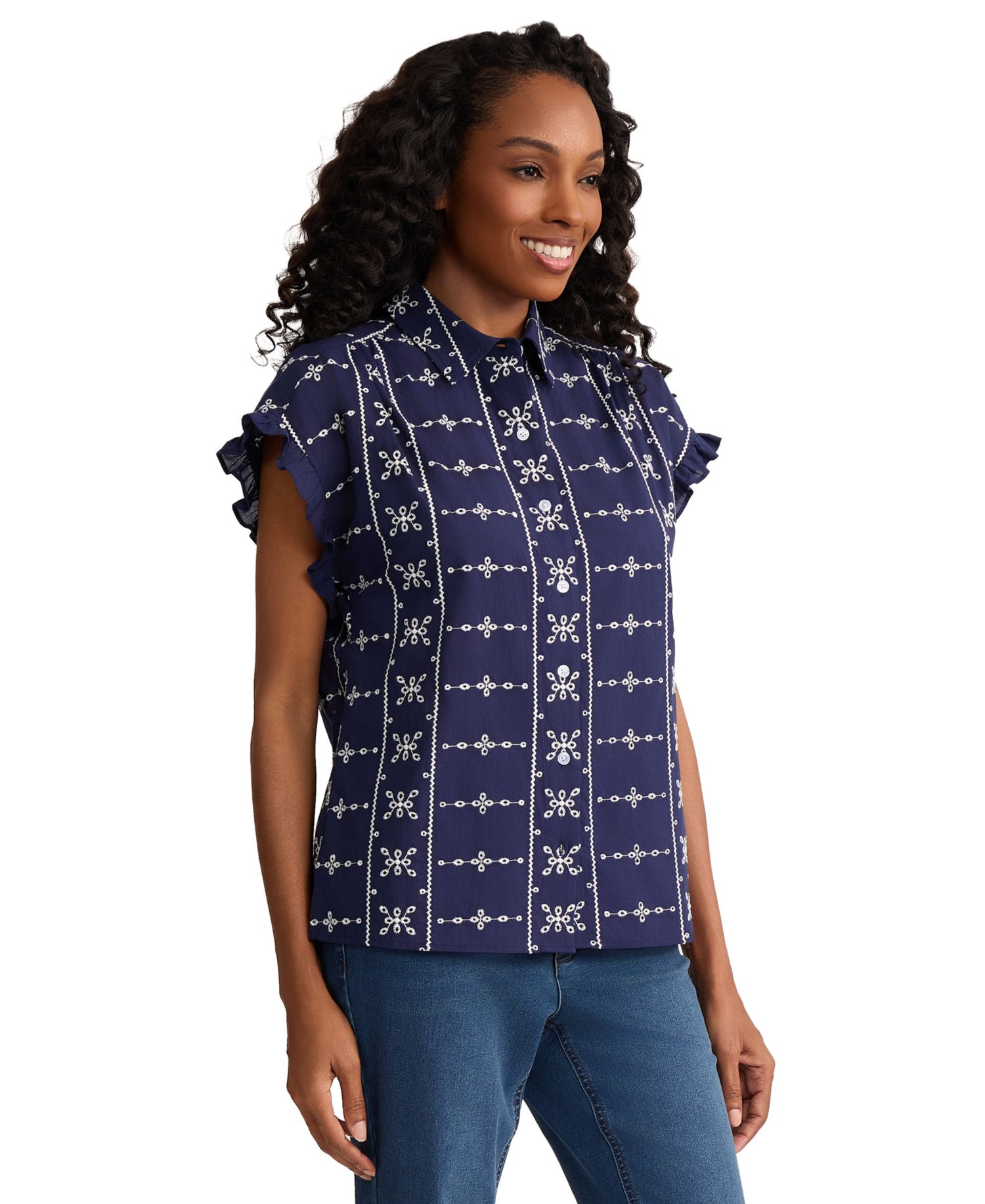 Petite Collared Button-Front Flutter Short-Sleeve Top