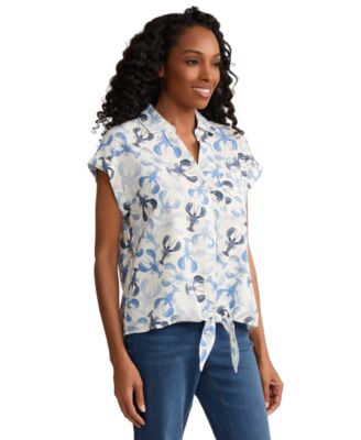 Petite Collared Short-Sleeve Tie-Front Linen Button Top