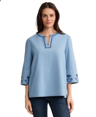 Petite V-Neck Embroidered Blouse
