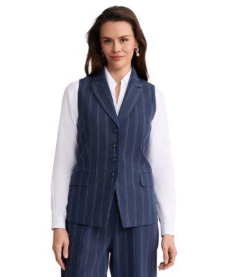 Petite Double Pinstripe Peak Lapel Linen Collar Vest