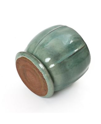 Glossy Gradient Teal Ceramic Planter, 10-Inch Tall Ridged Container with Connected Tray