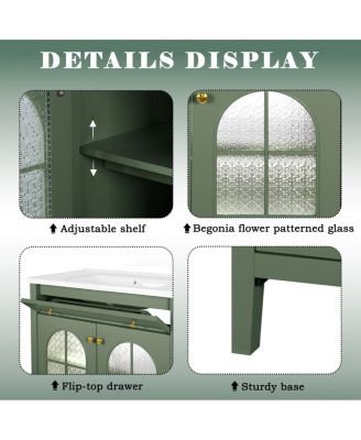 36" Bathroom Vanity with Sink, Medieval Glass Doors, Motion Lighting, Flip Drawer & Adjustable Storage for Modern Bathrooms