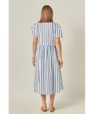 Women's Striped Pleated Shoulder Shirt Midi Dress
