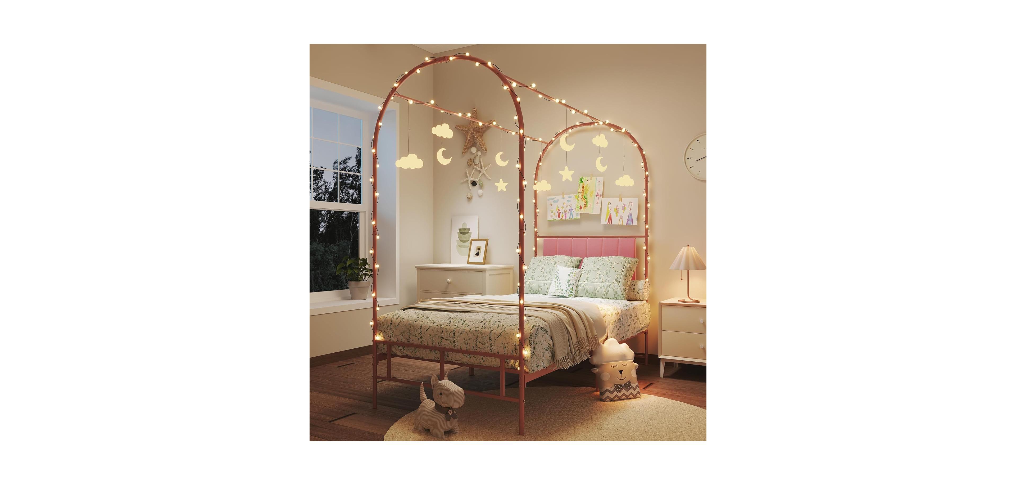 gaomon Canopy Bed Frame with Upholstered Headboard, Metal Platform Strong Slats Support & Underbed Storage Space