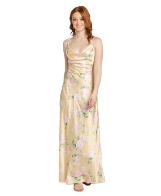Juniors' Floral Printed Cowl Neck Long Gown