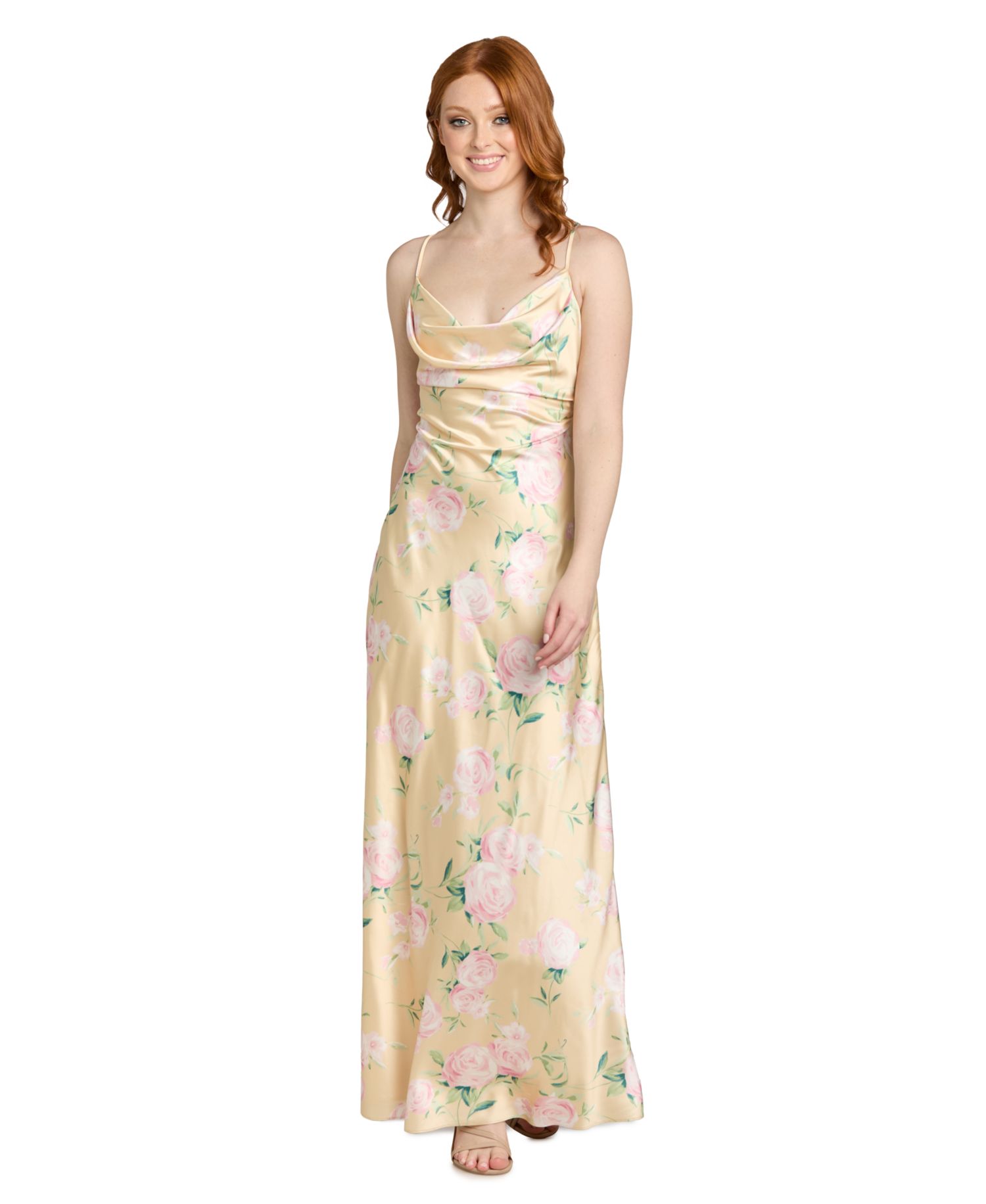 Juniors' Floral Printed Cowl Neck Long Gown