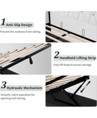 Lift Up Storage Bed Frame with Gold Wingback Headboard, Velvet Upholstered Bed Frame with Diamond Tufted Design & Gold Trim