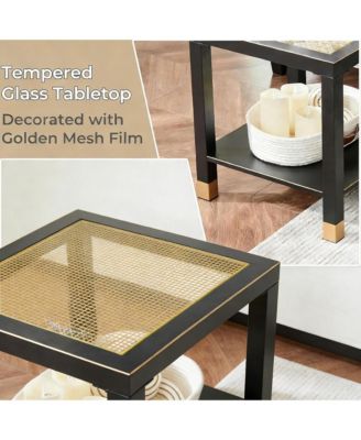 Square Side Table - Modern 2-Tier Tempered Glass End Table, Mesh Accent Bedside Table with Metal Frame for Bedroom, Living Room