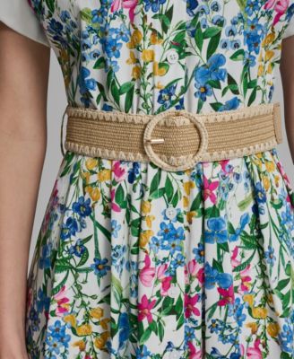 Petite Floral Collared Neck Belted Dress