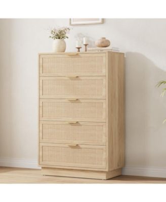 5 Drawer Rattan Dresser for Bedroom, Integrated Cabinet Body & Legs Design Entryways and Closet, Easy Assembly