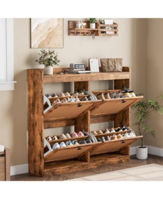 2PCS Of Shoe Cabinet with 4 Deep Flip Drawers Base Freestanding Wooden Shoe Storage Cabinet with Rattan Door and 3-Tier Adjustable Shelves