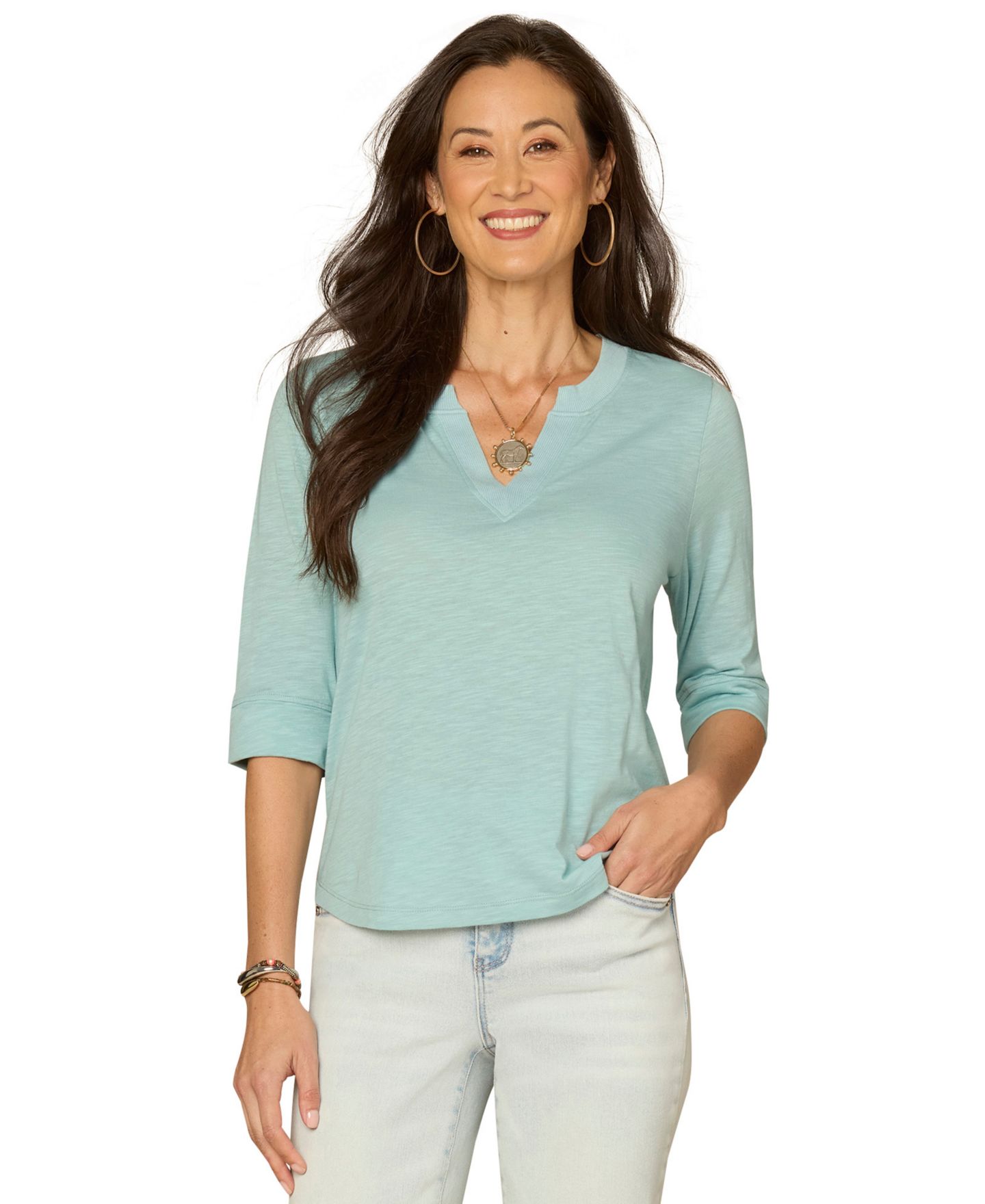 Топ Democracy Petite 3/4-Sleeve Split Neckline Knit Top, цвет: Аквамариновый мглистый — фото 1