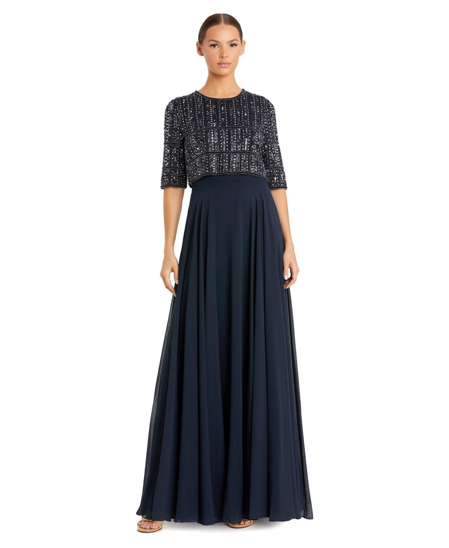 Women's Chiffon Gown with Fully Beaded Quarter Sleeve Bodice