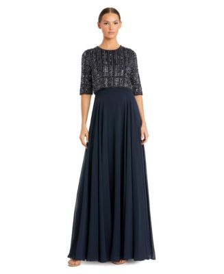 mac duggal off the shoulder beaded chiffon midi dress Mac Duggal Women's Beaded 3/4 Sleeve Chiffon Gown - Blue - Size 10