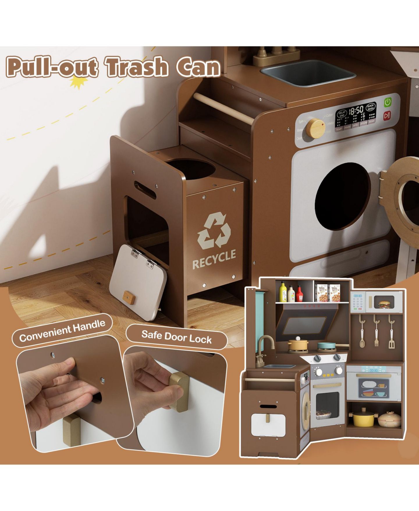 Детская игрушка Mecale Corner Wooden Play Kitchen with Lights & Sounds, Ages 3+, цвет: Коричневый — фото 5