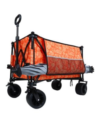 Outdoor Storage Collapsible Foldable Wagon Cart with All Terrain Wheels, Drink Holders, Brakes, Side Pocket and Picnic Mat