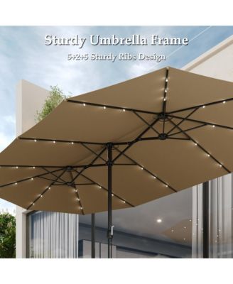 15 ft. Double Sided Umbrella Outdoor Patio Umbrella with 36 LED Solar Lights, Base and Sand Bag