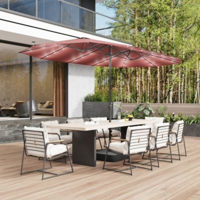 15 ft. Double Sided Umbrella Outdoor Patio Umbrella with 36 LED Solar Lights, Base and Sand Bag