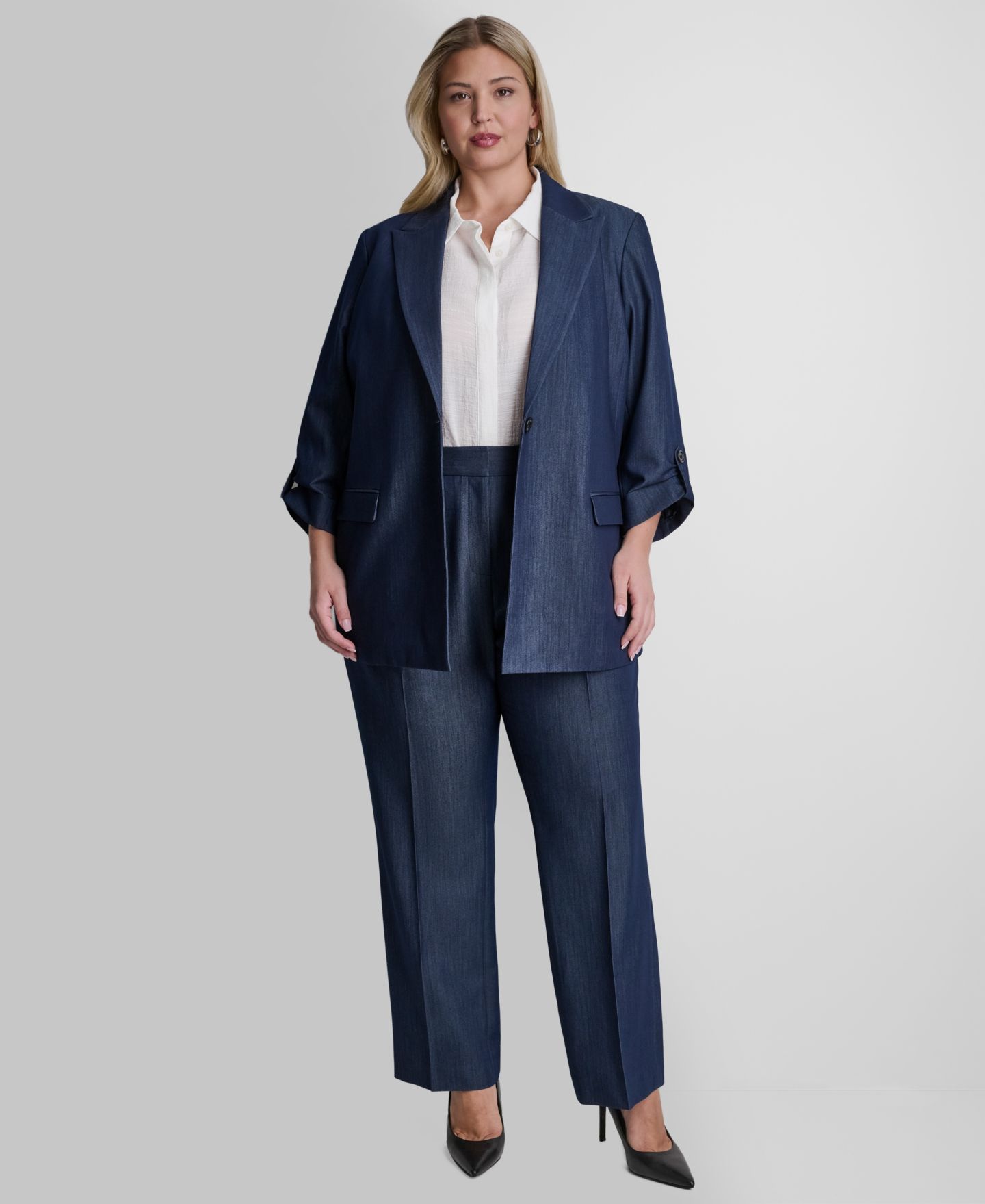 Женский пиджак DKNY Plus Size Long-Sleeve One Button Roll Cuff Blazer, цвет: Тёмный тёмно-синий — фото 6