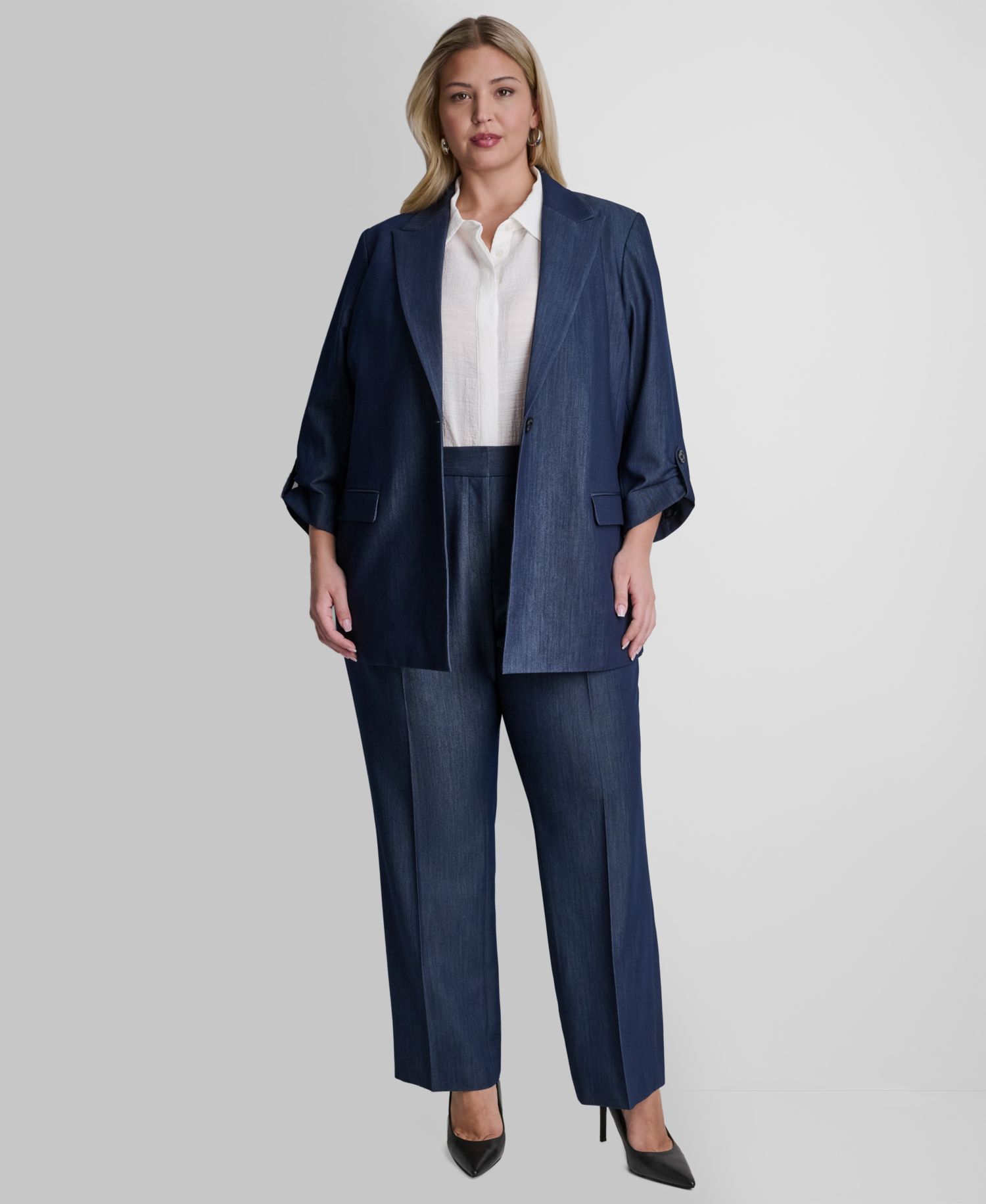 Plus Size Long-Sleeve One Button Roll Cuff Blazer