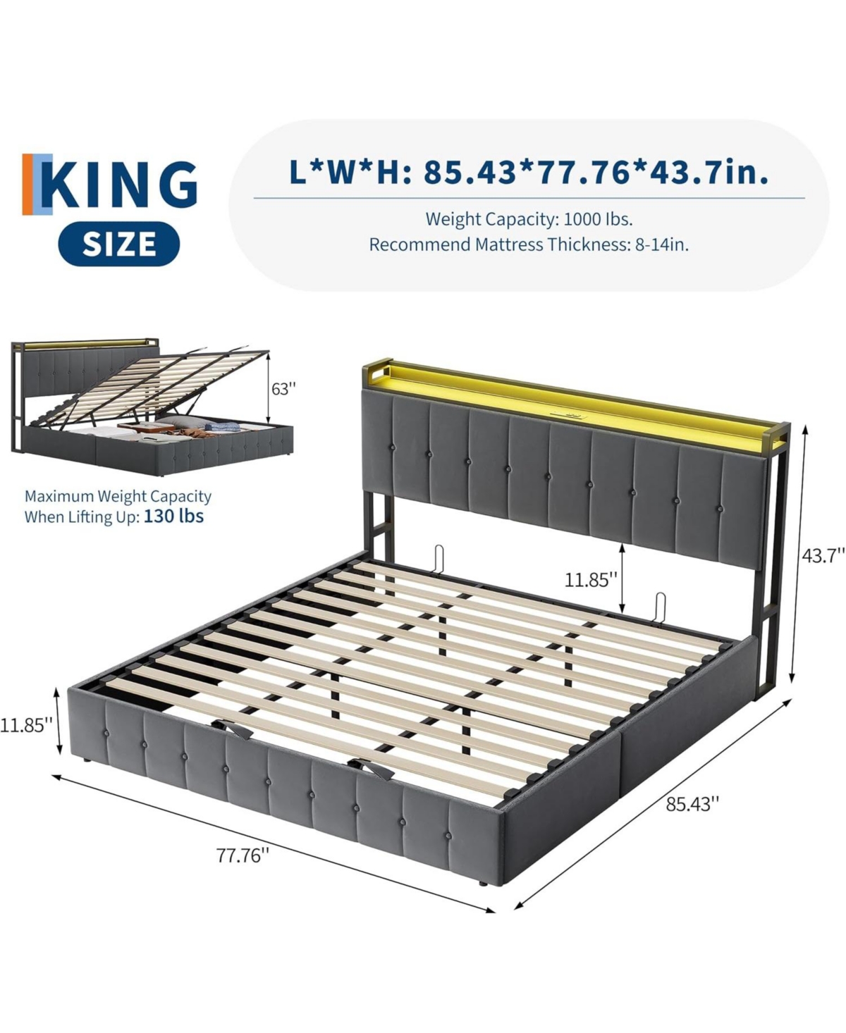 gaomon Bed Frame with Lift Up Storage, Upholstered Velvet Led Lights & Power Outlets, Hydraulic Support