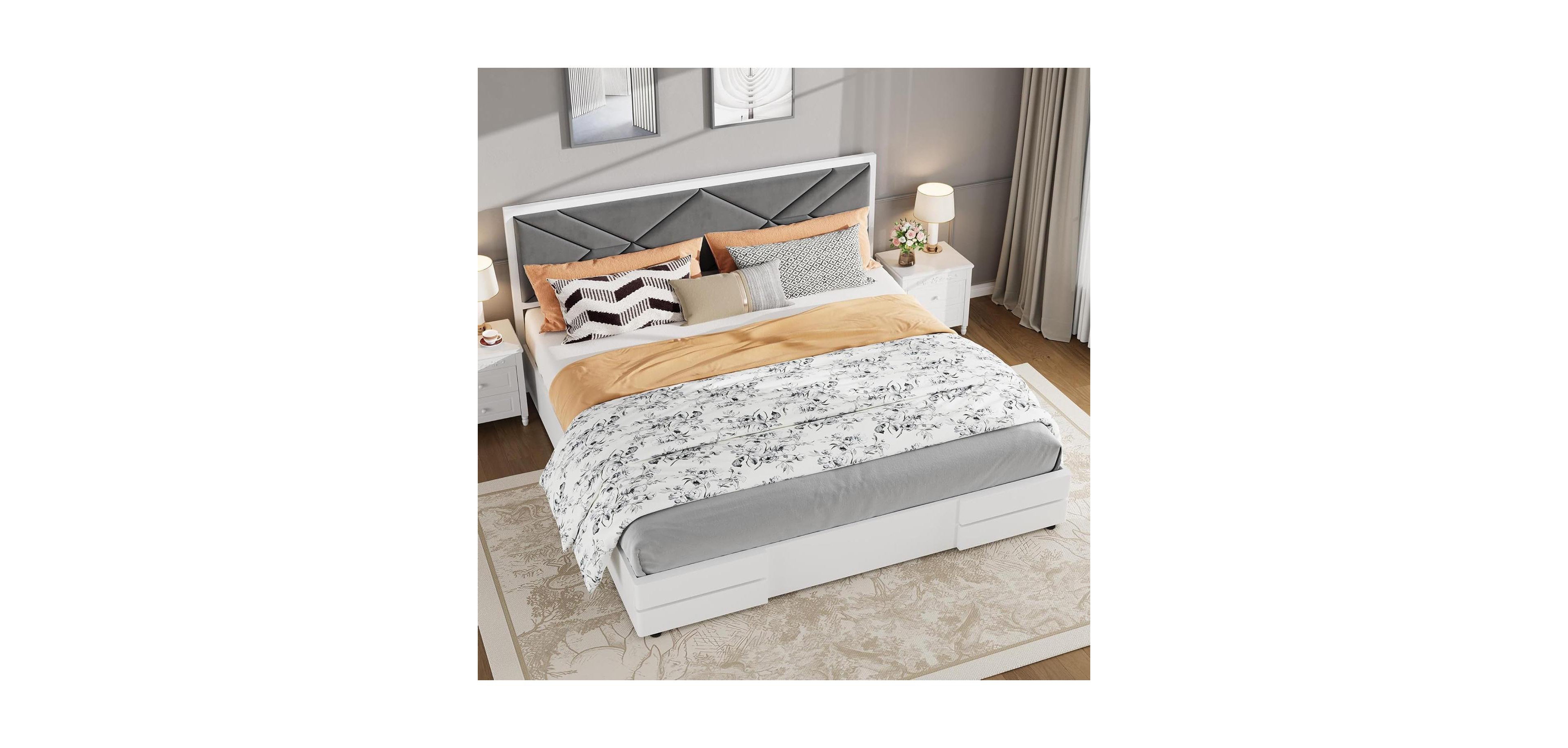 gaomon Upholstered Bed Frame, Tufted Design Soft Headboard, Wooden Slat Support, Mattress Foundation No Box Spring Needed