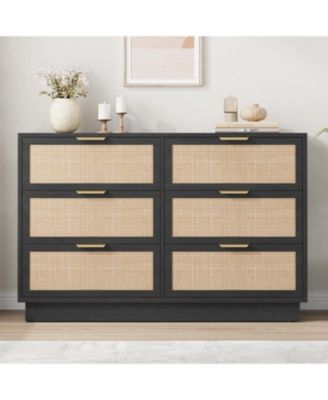 6 Drawer Rattan Dresser for Bedroom, Integrated Cabinet Body & Legs Design, Wooden Chest of Drawers for Hallways, Entryways and Closet