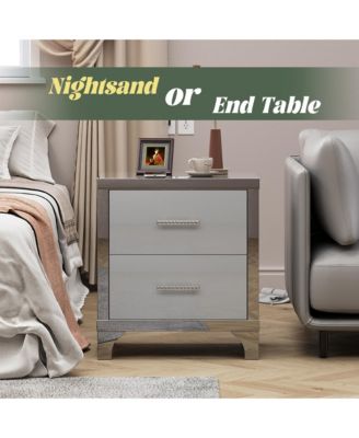 High Gloss Mirrored Nightstand, Modern Wood End Table with 2 Drawers and Metal Handle, Bedside End Table for Bedroom, Living Room