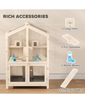 Wooden Hamster Cage 3 Tier with Pull-Out Tray, Hut, Seesaws, Ramps