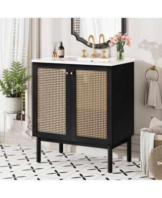 Modern Bathroom Vanity with Ceramic Sink, Bamboo & MDF, Soft Close Rattan Doors,  Freestanding Storage Cabinet for Small Spaces