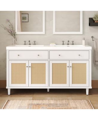 60" Double Sink Bathroom Vanity, Modern Solid Wood Freestanding Cabinet with SMC Top, Rattan Doors & Flip-Out Tray