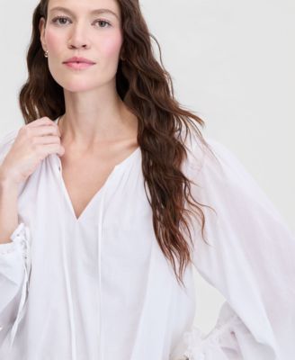 Women's Cotton Solid Tie-Front Volume-Sleeve Blouse