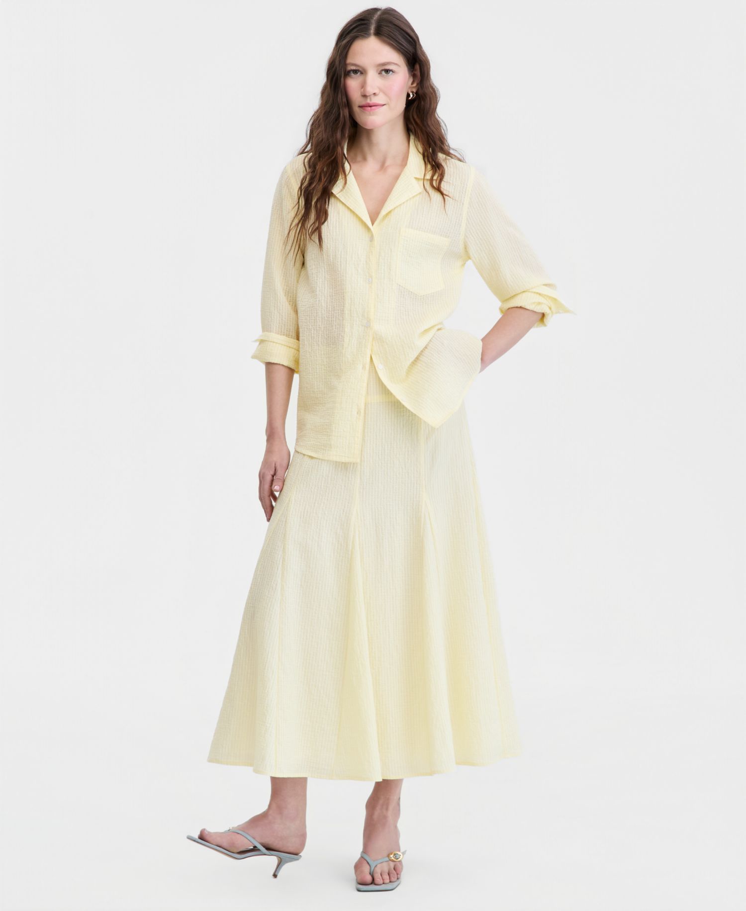 Women's Drop-waist Seersucker Godet Midi Skirt