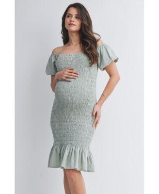 Maternity Off-the-Shoulder Smocked Bodycon Midi Dress with Ruffle Hem
