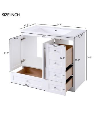 36" Shaker Bathroom Vanity with Resin Sink, 4 Soft Close Drawers & 2 Doors, Ample Storage for Modern Homes