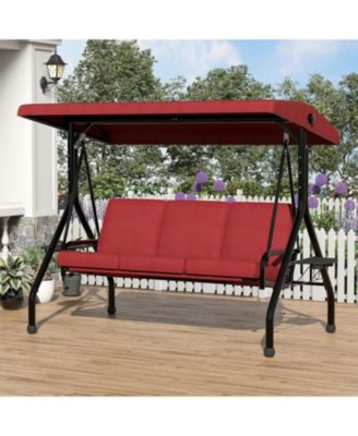 3 Seat Outdoor Porch Swing, 2-in-1 Patio Swing Chair with Thickened Removable Cushions, Adjustable Canopy   Cup Holders