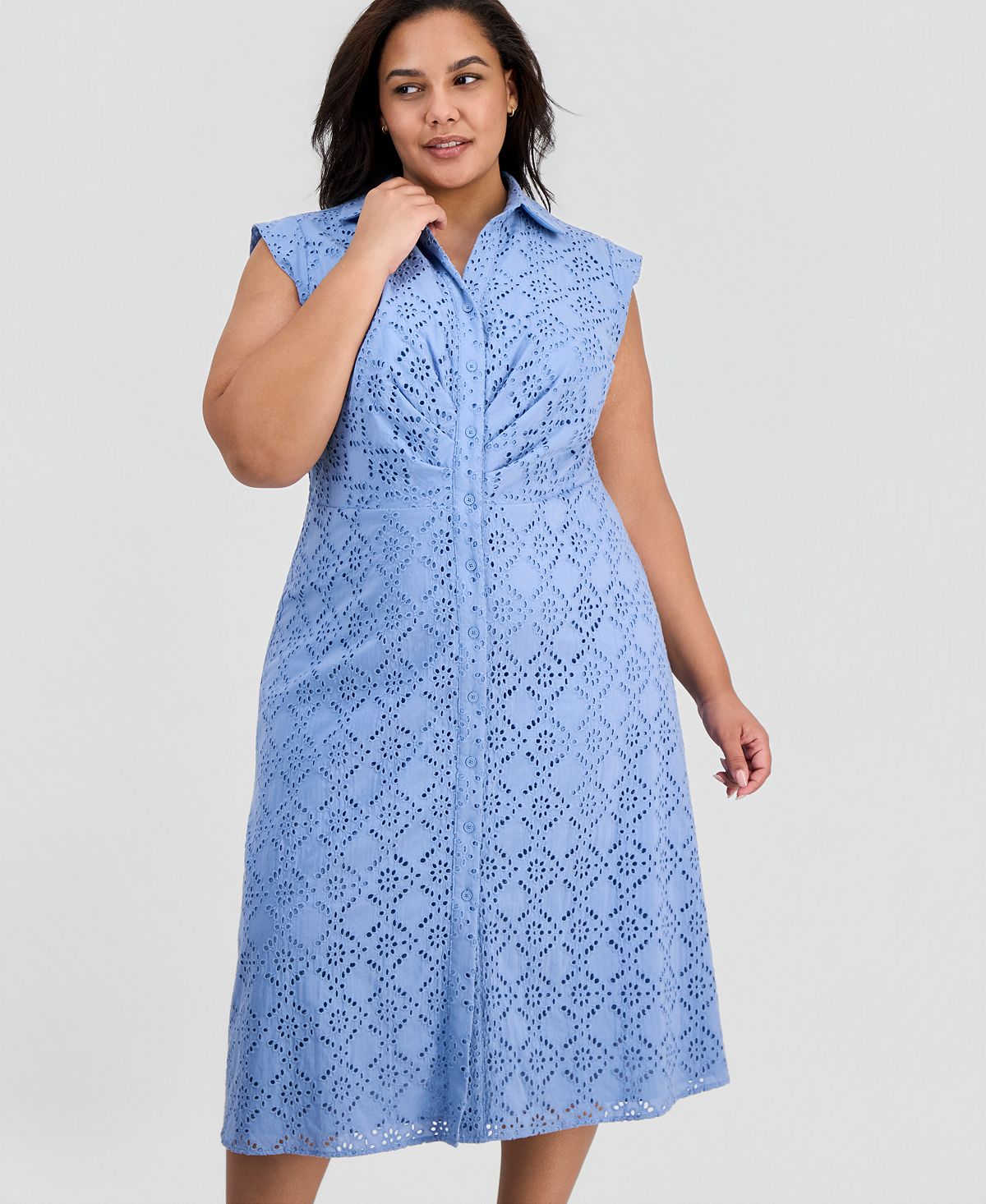 Anne Klein Plus Size Eyelet-Embroidered Sleeveless Shirtdress view 2 — MAYCSS fashion products