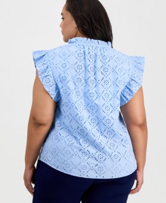 Plus Size Split-Neck Flutter-Sleeve Top