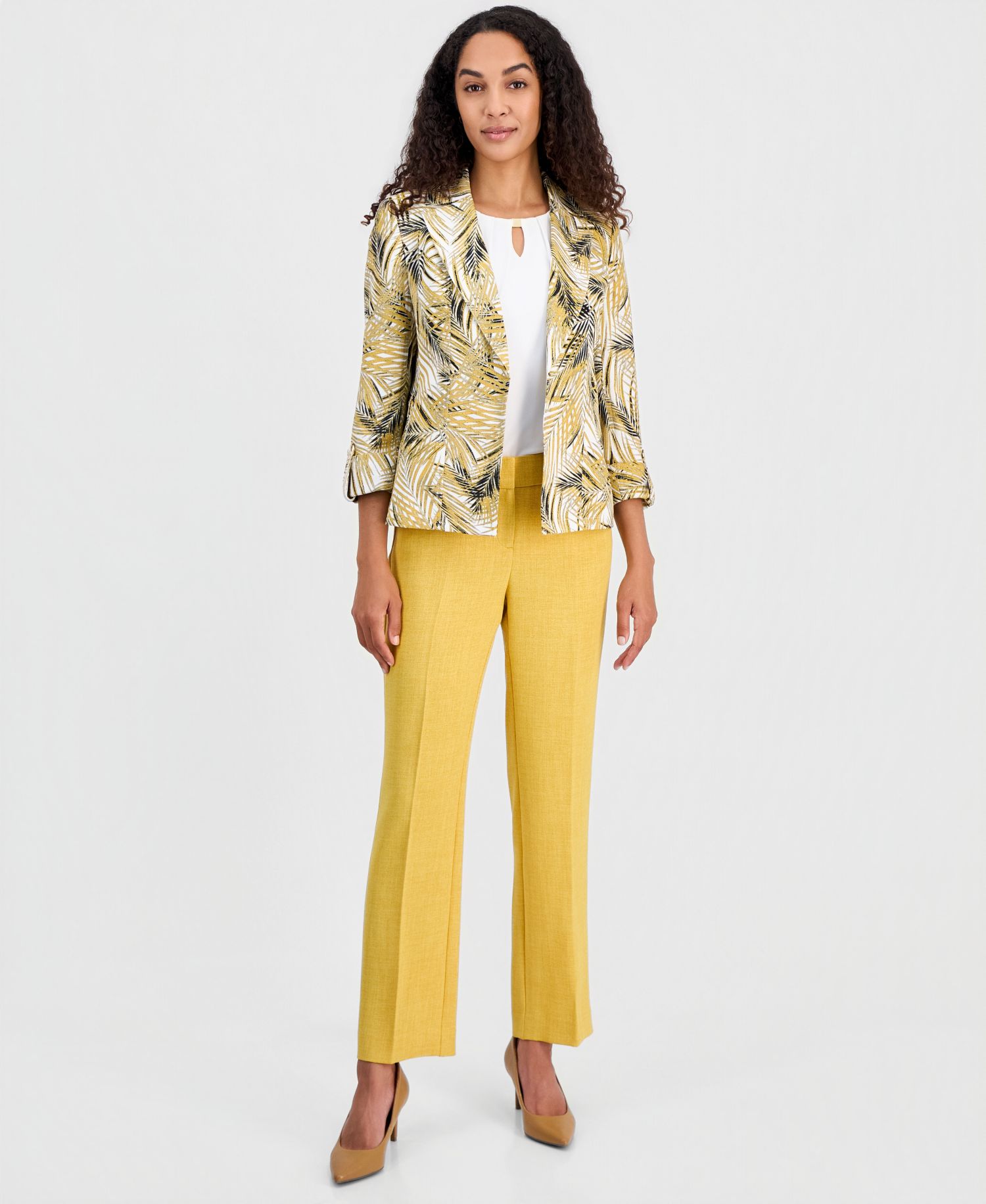 Women's 3/4-Sleeve Open-Front Palm Print Blazer, Regular & Petite