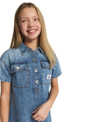 Girls' 7-16 Short-Sleeve Patch Pocket Denim Shirtdress