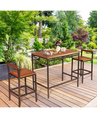 3PCS Patio Bar Set Dining Set Outdoor Furniture Set w/ Wooden Tabletop