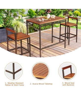 3PCS Patio Bar Set Dining Set Outdoor Furniture Set w/ Wooden Tabletop