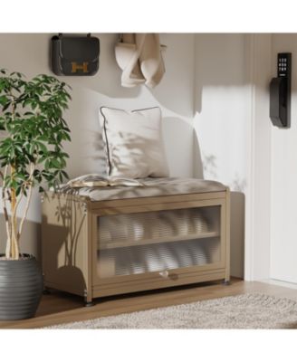 Shoe Storage Bench with Cushion, Modern Flip-Down Shoe Cabinet & Sturdy Metal Frame for Entryway Seating
