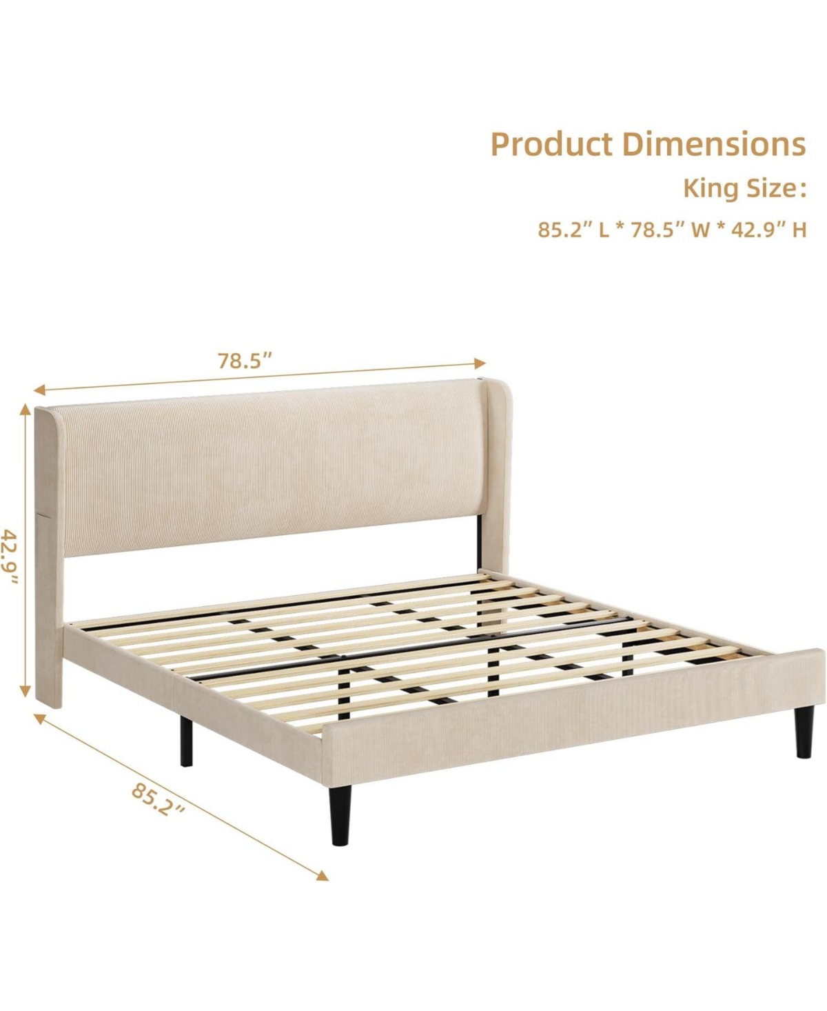 gaomon Bed Frame with Upholstered Headboard,Wooden Platform 2 Storage Pockets,Vertical Channel Tufted Wingback,Strong Wooden Slats