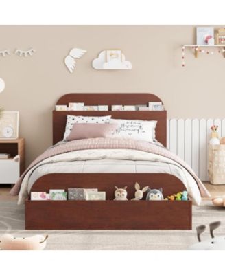 Bed Frame, Wooden Beds with Storage Headboard and Raised-Foodboard, Full-Floor Low Platform Bed for Bedroom,Wooden Slats Support