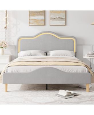 Bed Frame Adjustable LED Headboard Velvet Upholstered Platform Wooden Slats No Box Spring