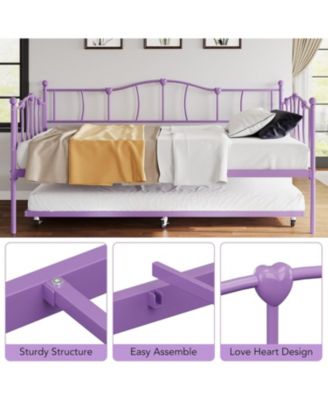 Daybed with Trundle Heart Design Noise Free Platform Sofa Bed Steel Slats Space-Saving Bedroom Purple