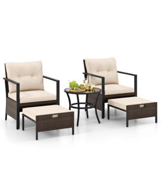 5 PCS Outdoor Furniture Set Rattan Chairs & Ottomans with Glass Topped Coffee Table