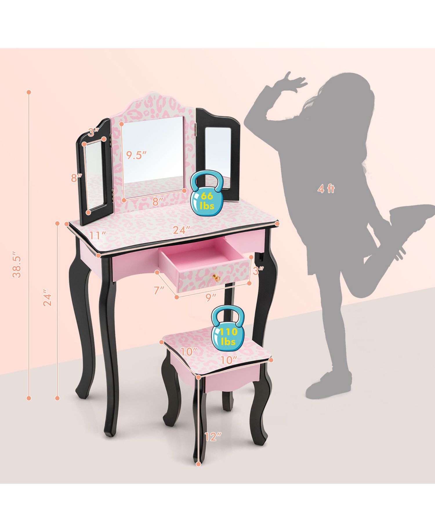 Kid Vanity Set Wooden Makeup Table Stool Tri-Folding Mirror