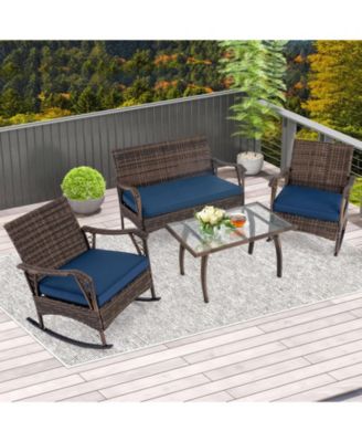 4 PCS Wicker Rocking Set with Loveseat & Coffee Table Heavy-Duty Metal Frame